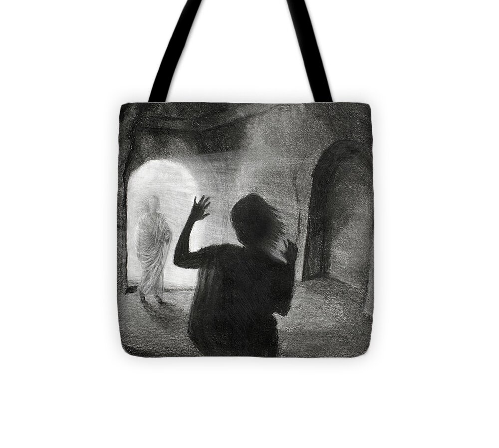 Charcoal Tote Bag featuring the drawing Encounter by Judy Frisk