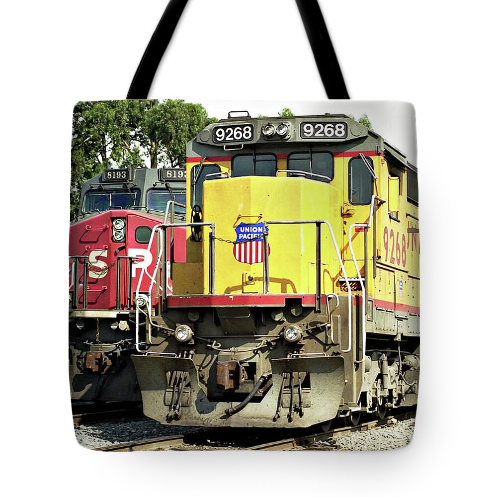 End Of An Era Tote Bag featuring the photograph End of an Era -- Southern Pacific and Union Pacific Locomotives in San Luis Obispo, California by Darin Volpe