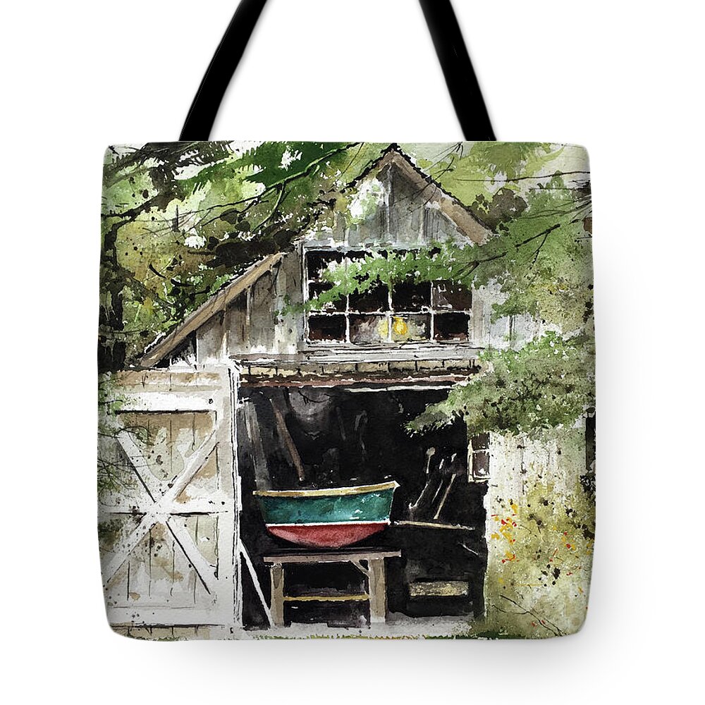 A Small Boat Rests On Sawhorses In A Tool Shed At Round Pond Tote Bag featuring the painting End Of The Season by Monte Toon