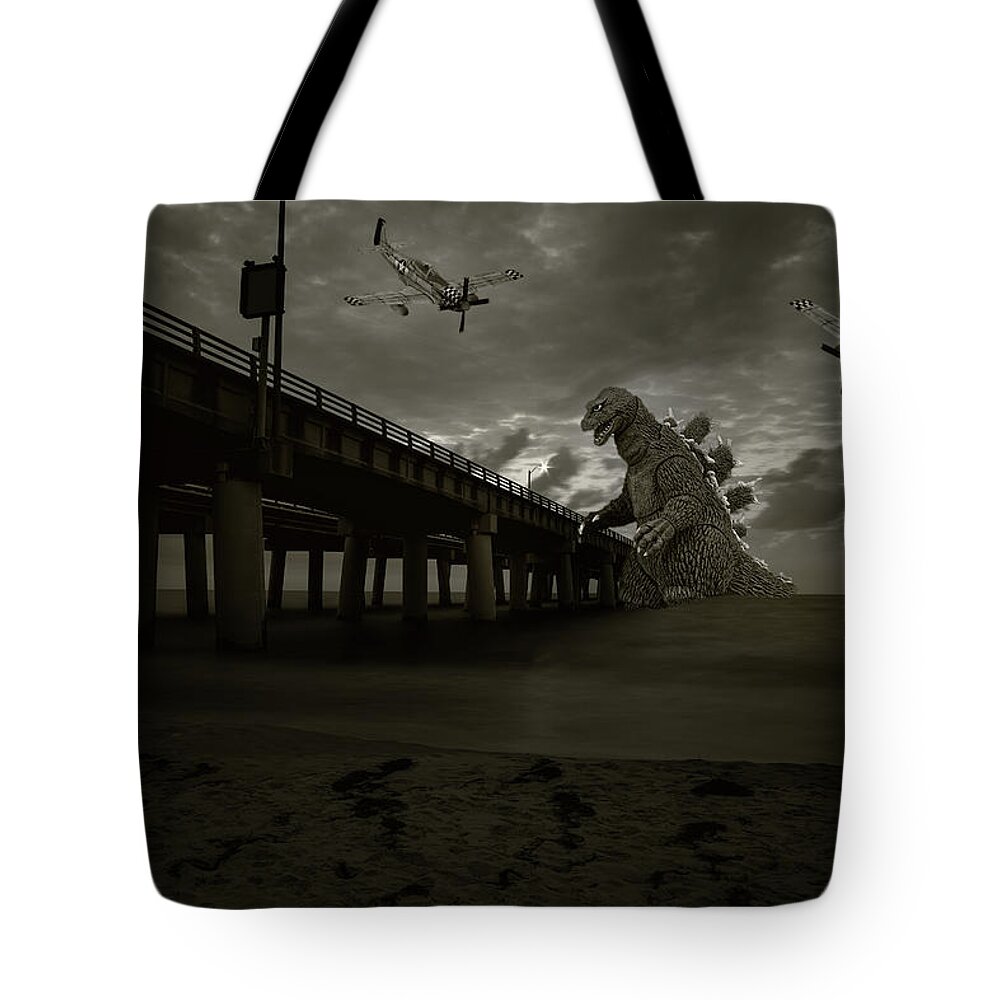 Sea Monster Attacks Chesapeake Bay Bridge And Tunnel Tote Bag featuring the photograph End of the World by Pete Federico