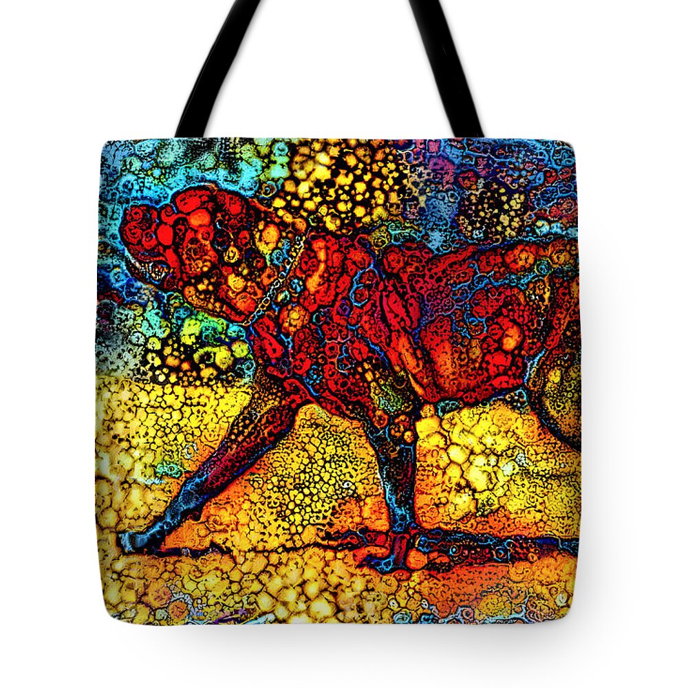 English Mastiff Tote Bag featuring the digital art English Mastiff waiting for a treat - colorful abstract painting in blue, yellow and red by Nicko Prints