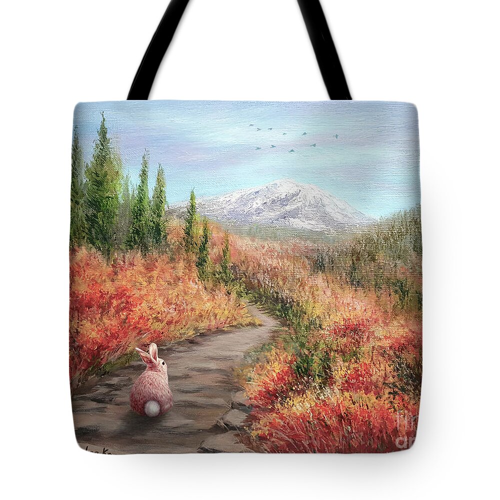 Hiking Bunny Tote Bag featuring the painting Enter Autumn by Yoonhee Ko