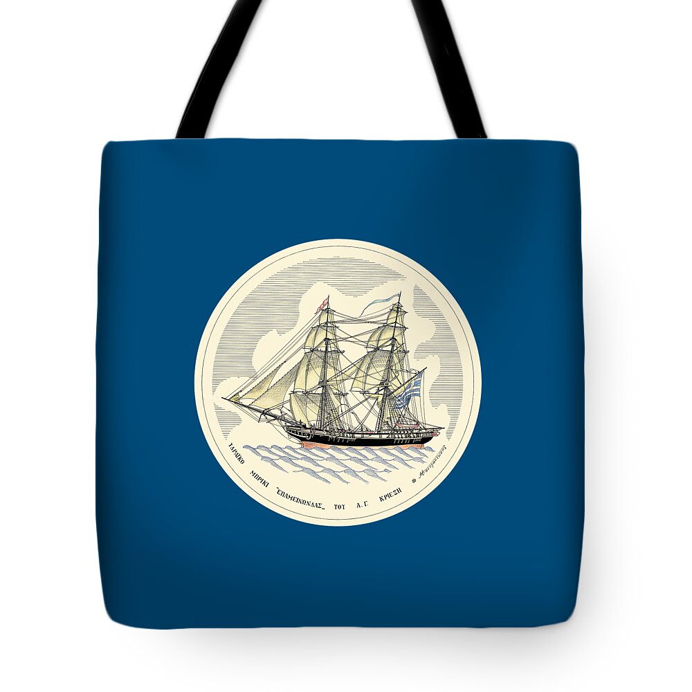 Historic Vessels Tote Bag featuring the drawing The brig Epaminondas - 1817 miniature with colored border by Panagiotis Mastrantonis