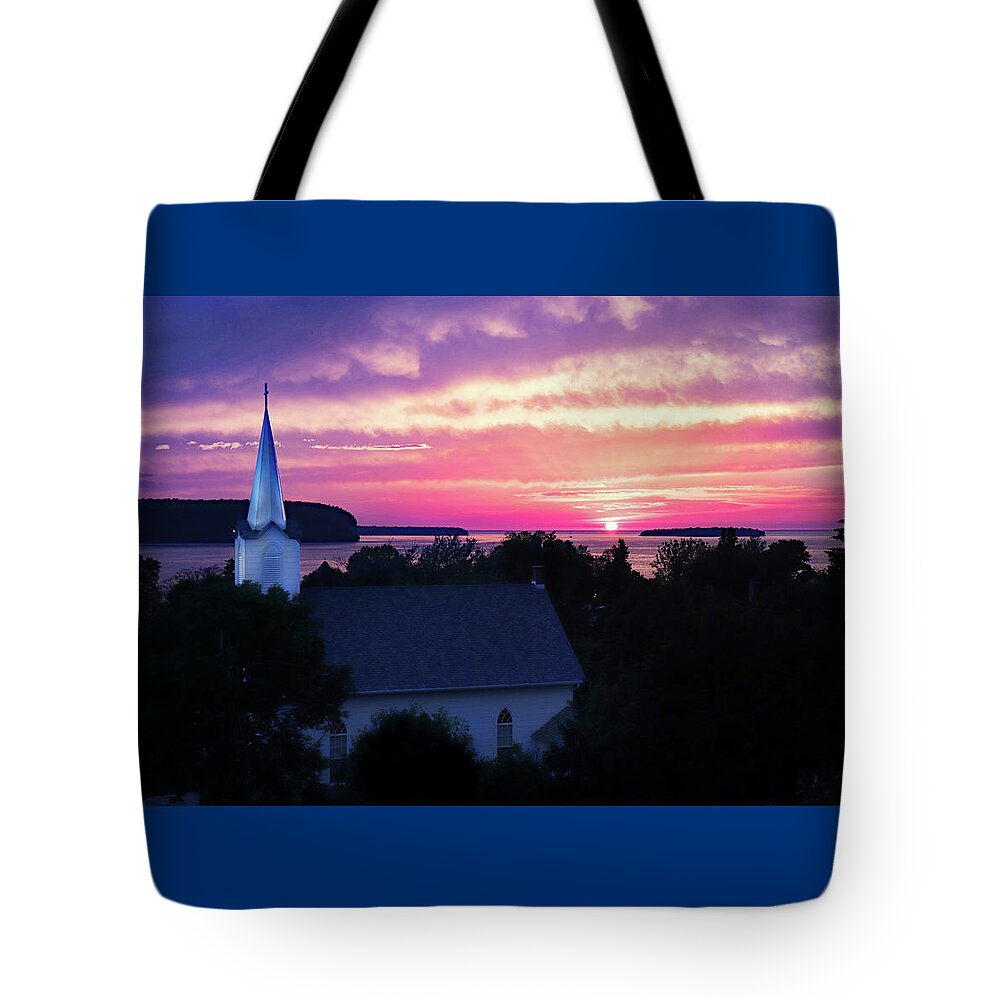 Bluff Tote Bag featuring the photograph Ephraim Sunset and Church by David T Wilkinson