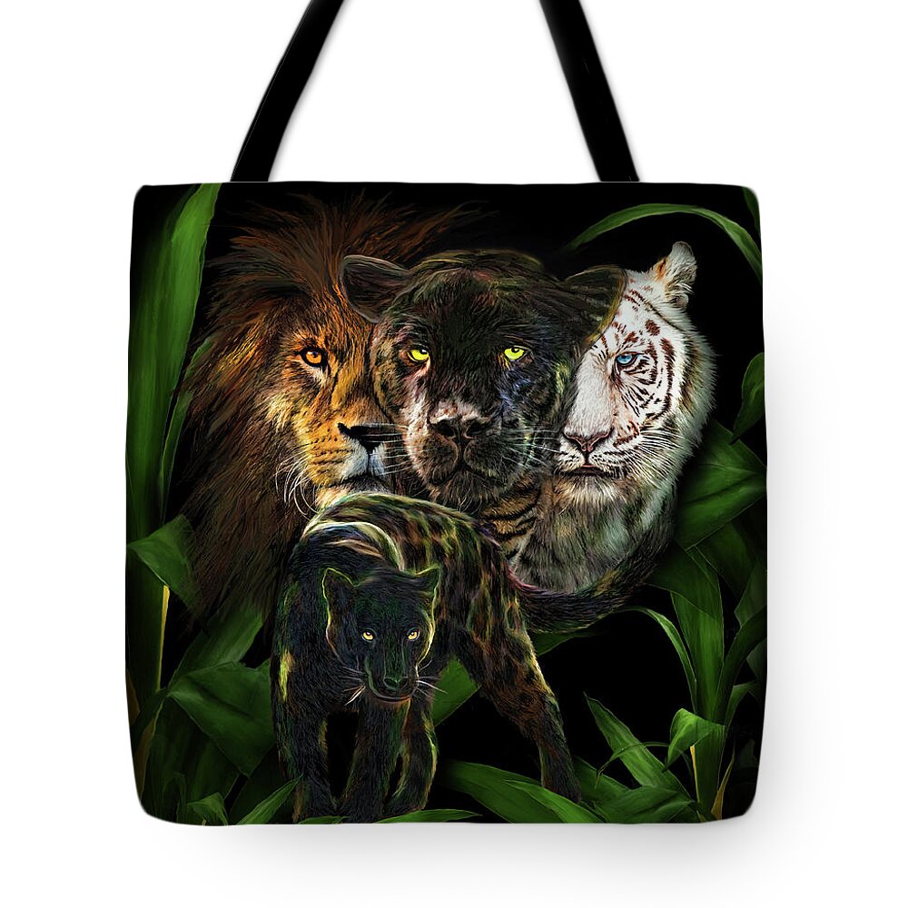 Carol Cavalaris Tote Bag featuring the mixed media Equality 1 - Panther Lion Tiger by Carol Cavalaris