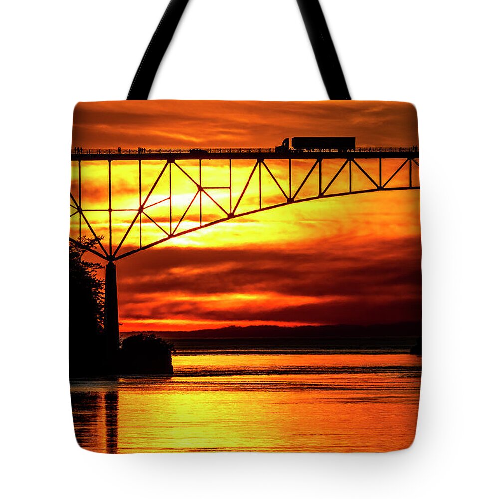 Equinox. Deception Pass Tote Bag featuring the pyrography Equinox Sunset at Deception Pass by Yoshiki Nakamura