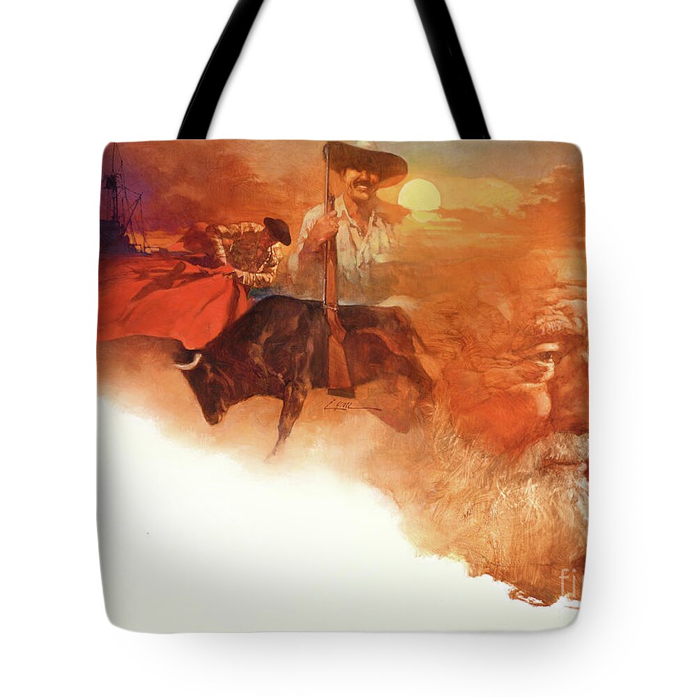 Dennis Lyall Tote Bag featuring the painting Ernest Hemingway by Dennis Lyall