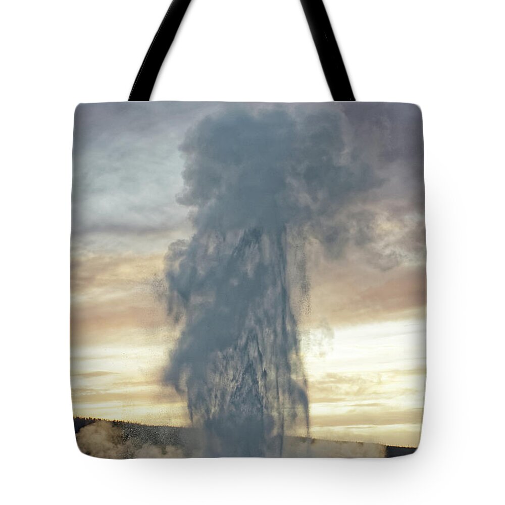 Eruption! Tote Bag featuring the photograph Eruption -- Old Faithful Geyser in Yellowstone National Park, Wyoming by Darin Volpe
