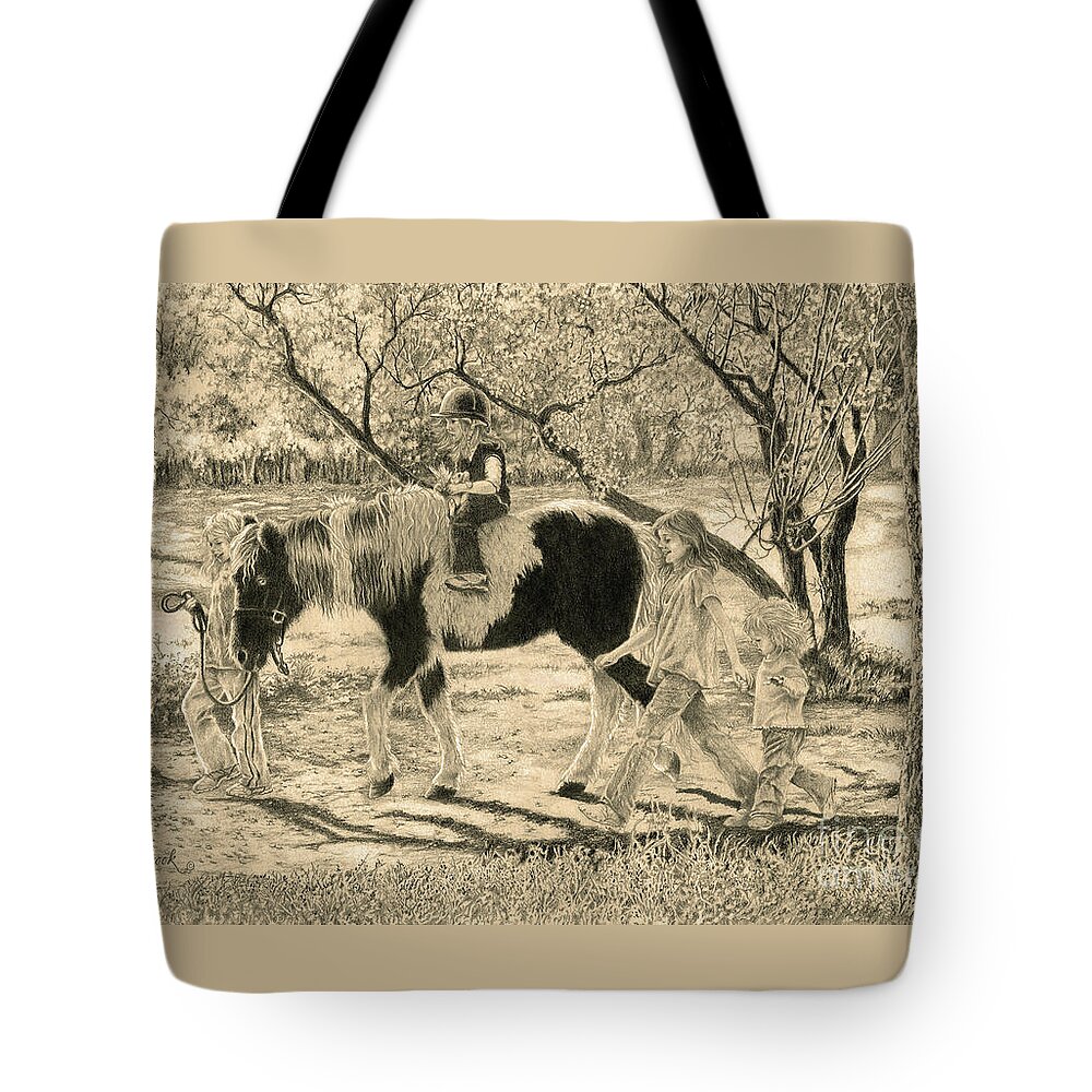 Pony Tote Bag featuring the drawing Escort Duty by Jill Westbrook