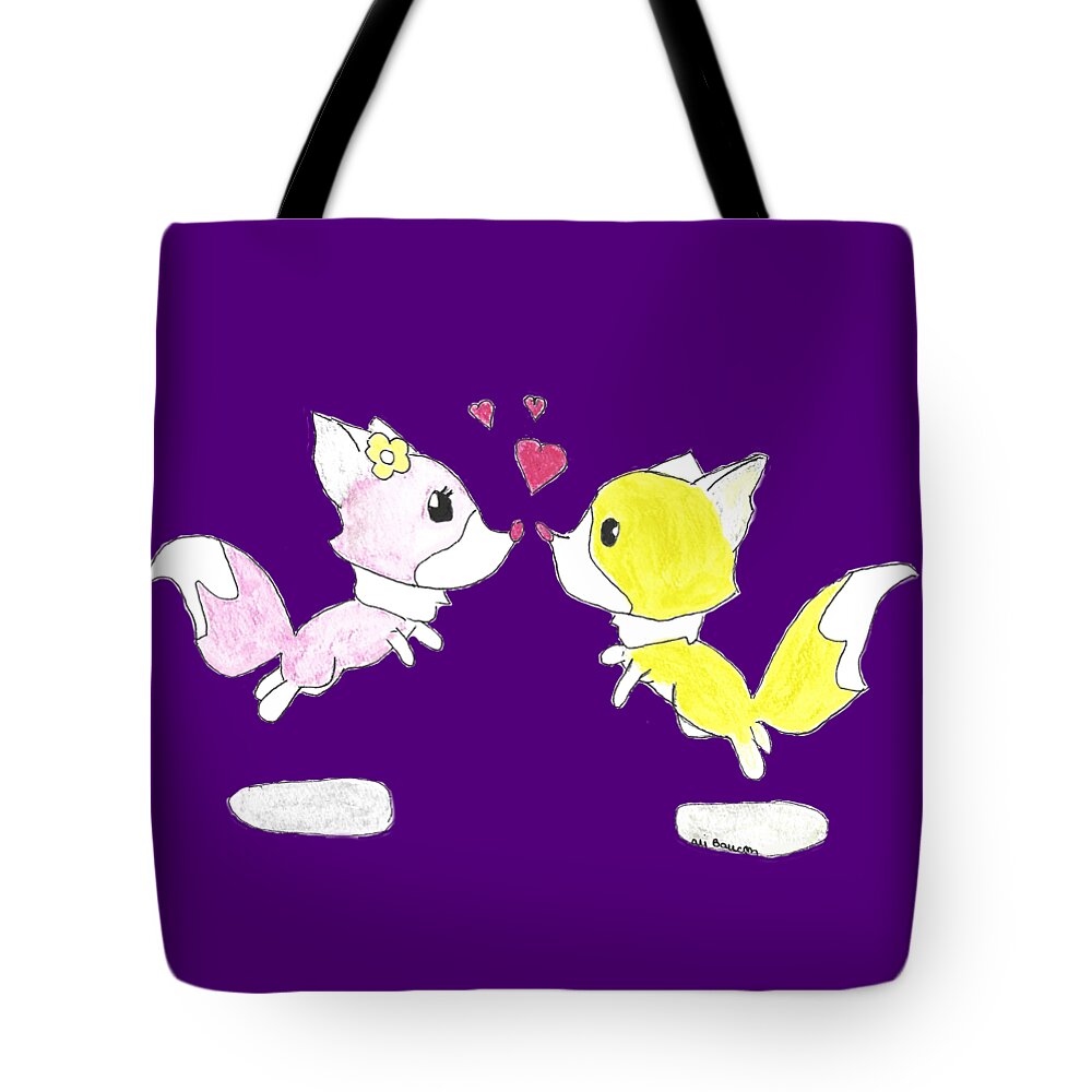 Foxes Tote Bag featuring the drawing Eskimo Kisses Two Cute Foxes Reunited by Ali Baucom