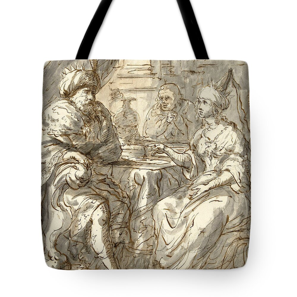 Zacharias Blijhooft Tote Bag featuring the drawing Esther's Banquet by Zacharias Blijhooft
