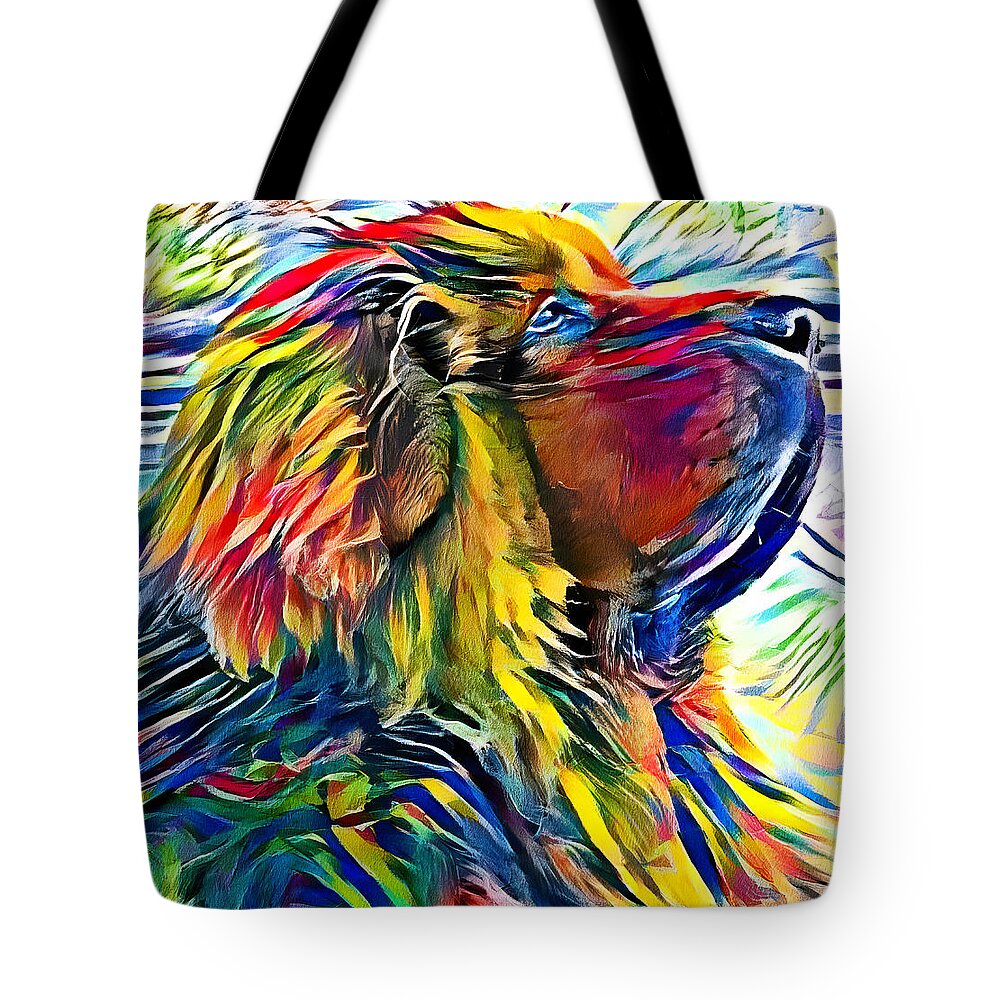 Tibetan Mastiff Tote Bag featuring the digital art Tibetan Mastiff dog sitting profile - high contrast colorful painting by Nicko Prints