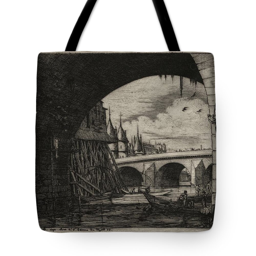 Etchings Of Paris An Arch Of The Notre Dame Bridge 1853 Charles Meryon Tote Bag featuring the painting Etchings of Paris An Arch of the Notre Dame Bridge 1853 Charles Meryon by MotionAge Designs