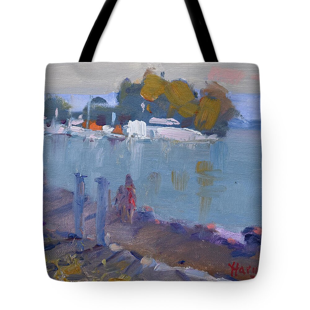 Evening Tote Bag featuring the painting Evening at the Old Harbor by Ylli Haruni