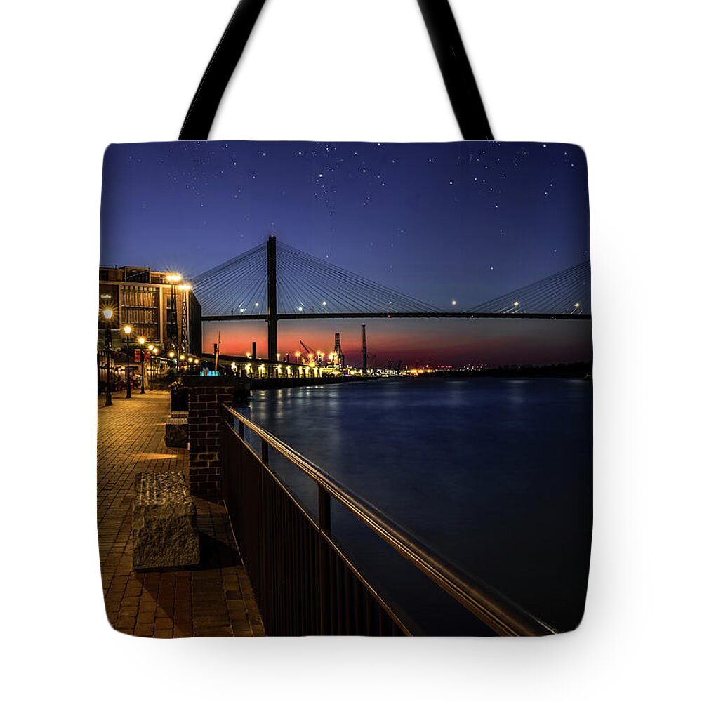 Riverwalk Tote Bag featuring the photograph Evening on the Savannah Riverwalk by Shelia Hunt
