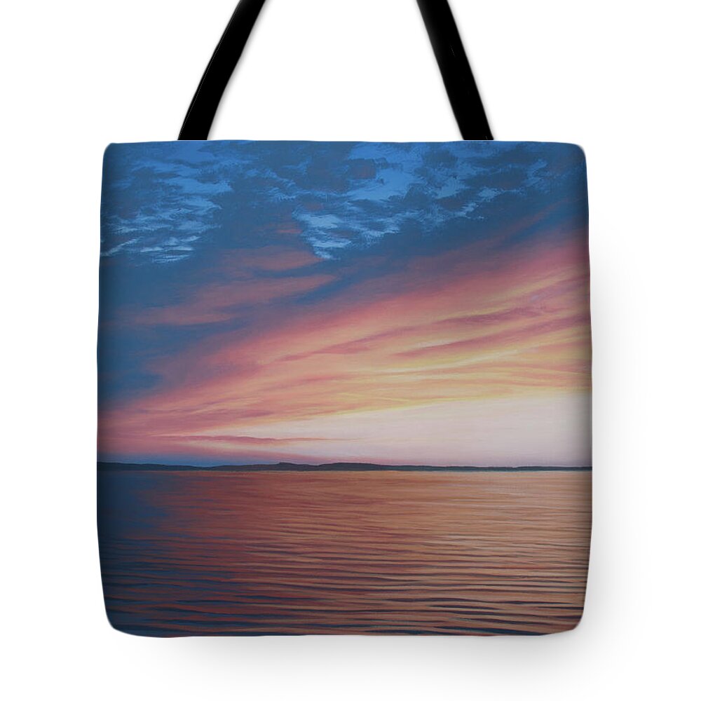 Seascape Tote Bag featuring the painting Evening Unfolds by Timothy Stanford