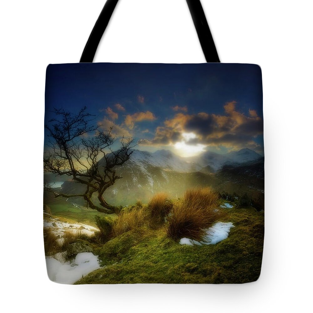 Wales Tote Bag featuring the digital art Evening view of Snowdon by Remigiusz MARCZAK