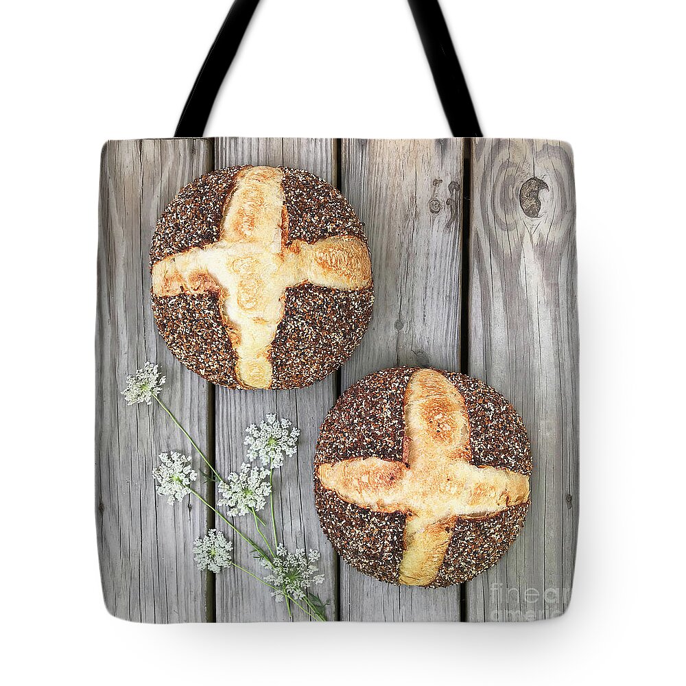 Bread Tote Bag featuring the photograph Everything Bagel Seasoned Sourdough with Crisscrossed Crust by Amy E Fraser