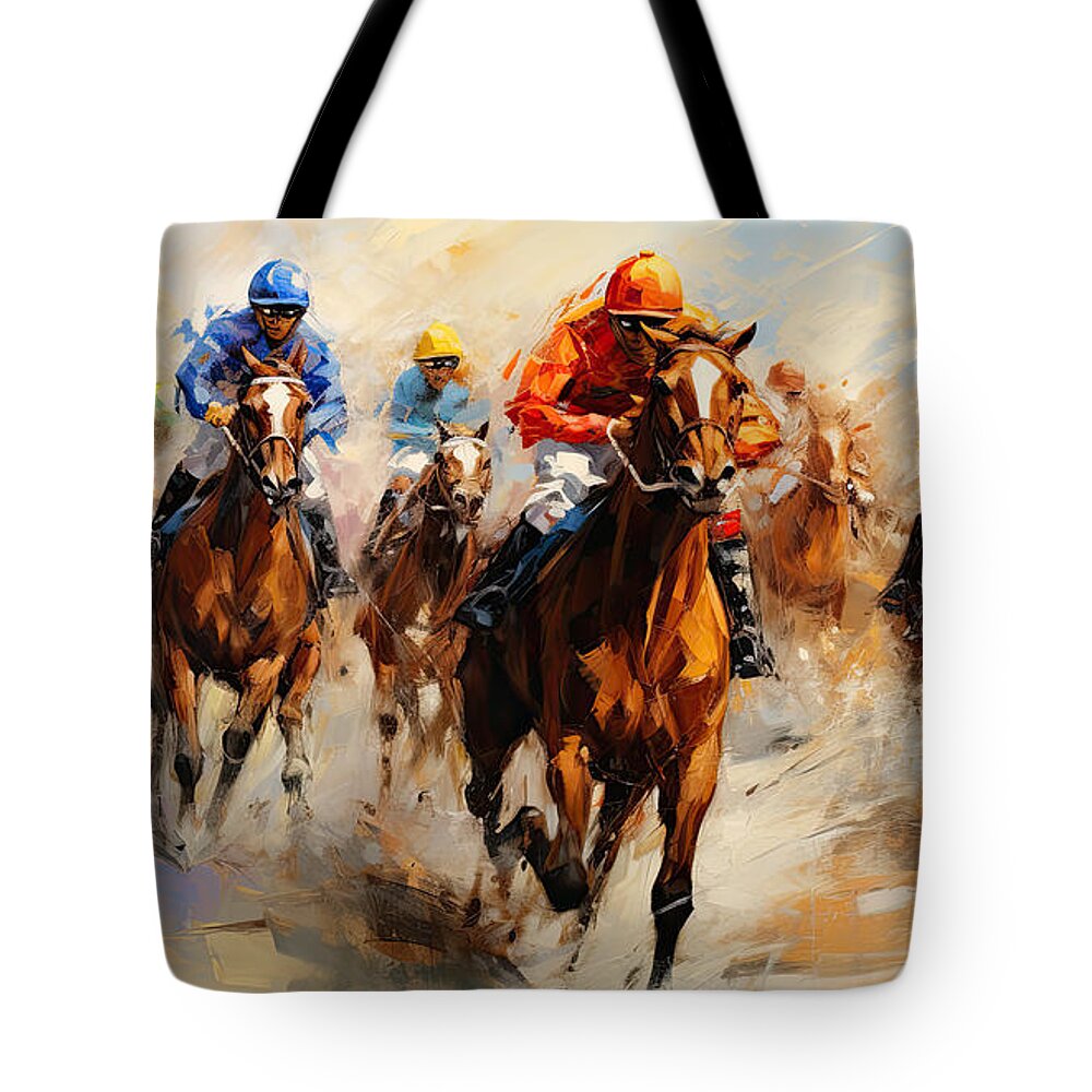 Horse Racing Tote Bag featuring the painting Excitement of the Finish Line - Kentucky Derby Artwork by Lourry Legarde