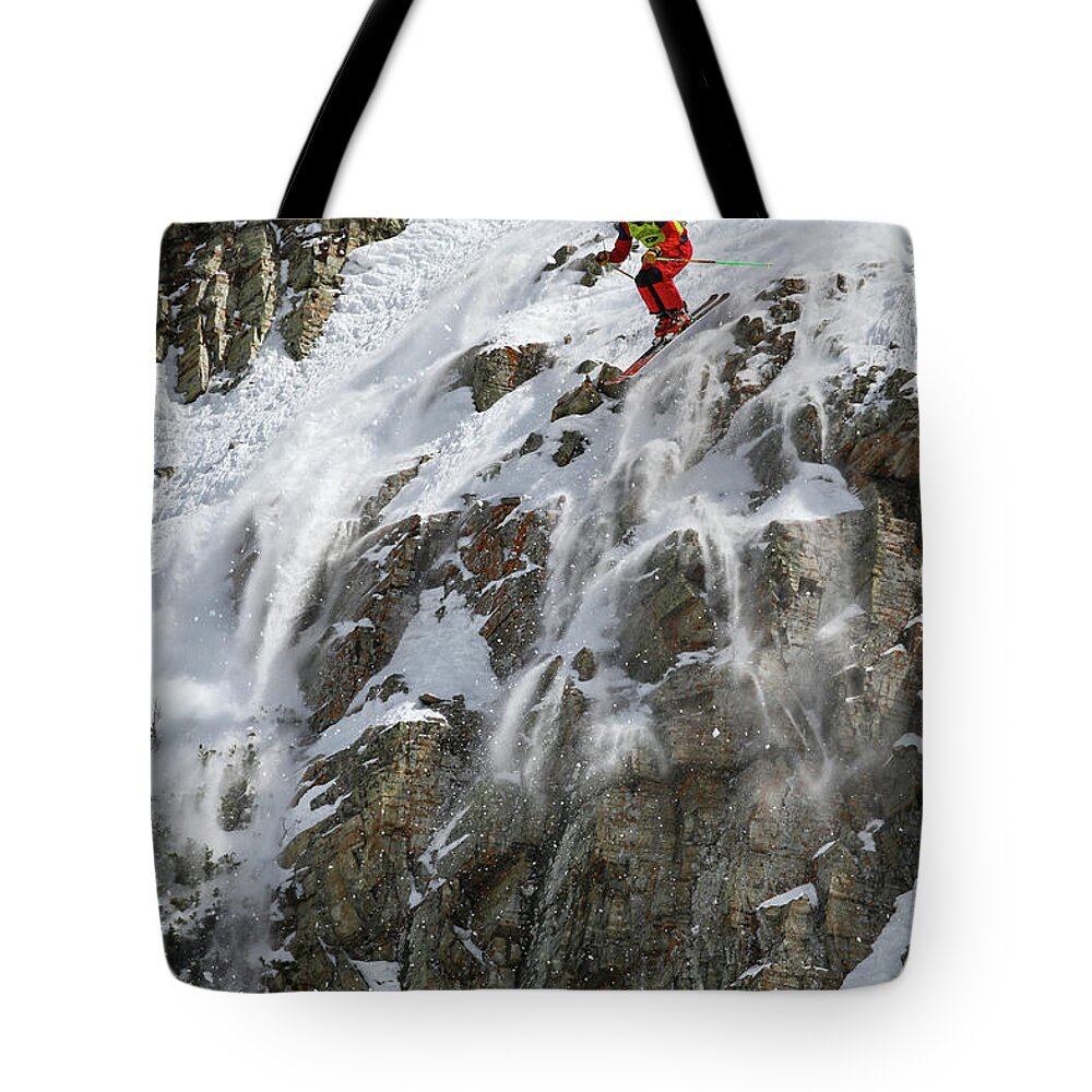 Utah Tote Bag featuring the photograph Extreme Skiing Competition Skier - Snowbird, Utah by Brett Pelletier