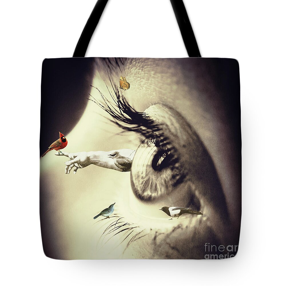 Digital Collage Tote Bag featuring the digital art Eye Trouble by Janice Leagra
