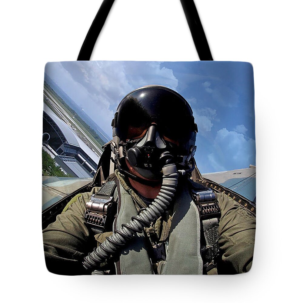 Falcon Tote Bag featuring the digital art F-16N Over Tampa International by Custom Aviation Art