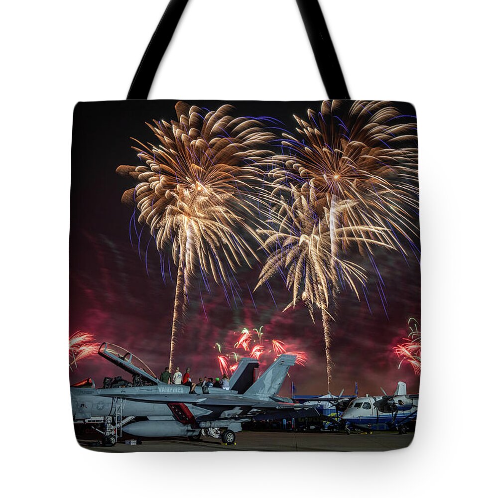 Fireworks Tote Bag featuring the photograph F-18 Fireworks 1 by David Hart