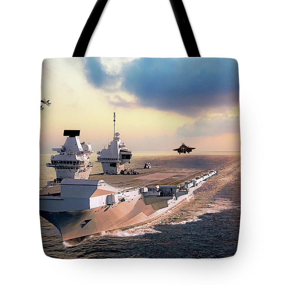 F-35 Tote Bag featuring the digital art F-35s and HMS Queen Elizabeth by Airpower Art