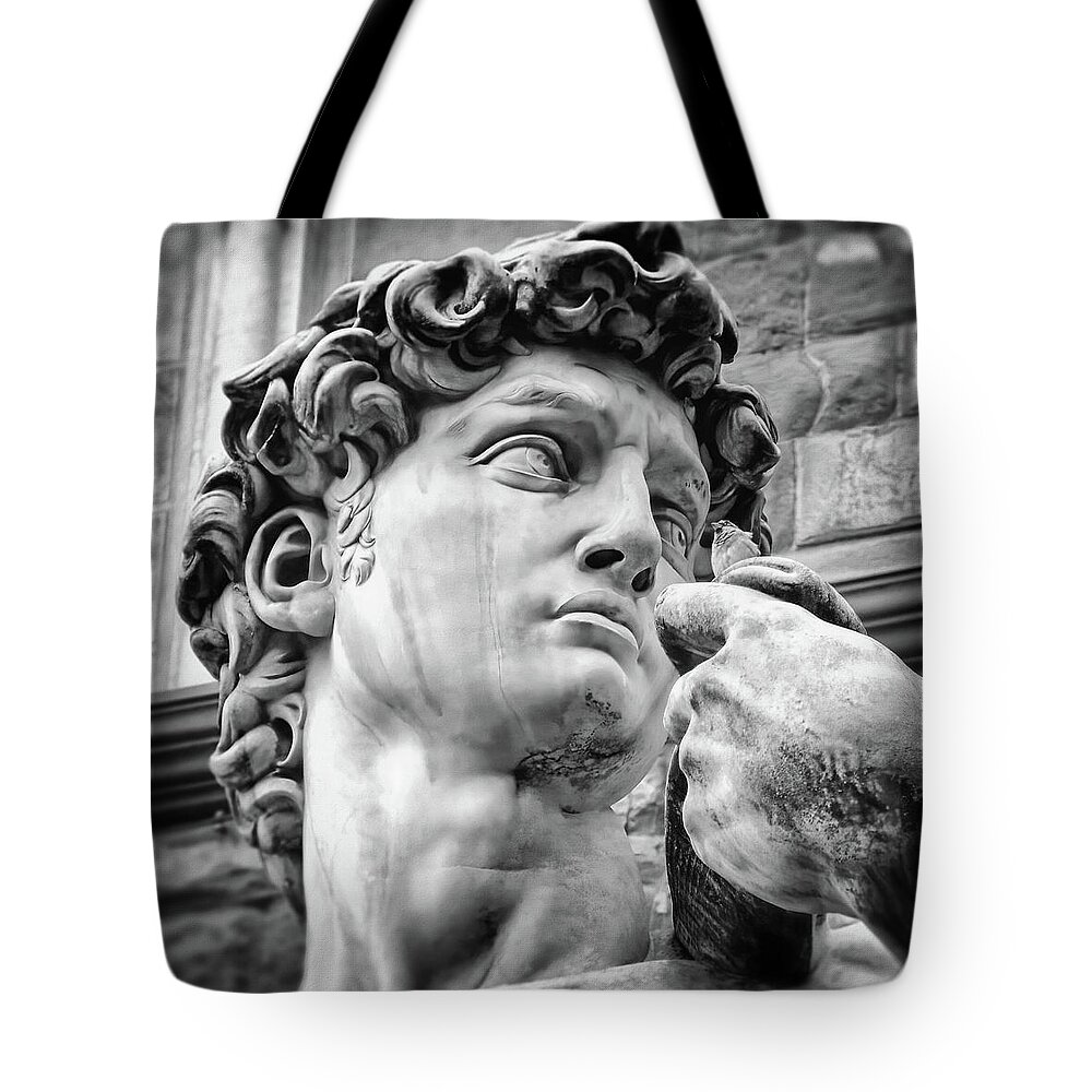 David Tote Bag featuring the photograph Face Detail of David by Michelangelo Florence Black and White by Carol Japp