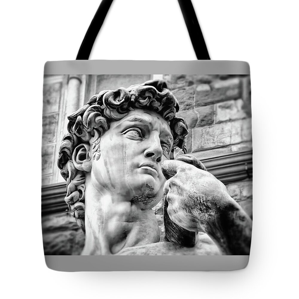 David Tote Bag featuring the photograph Face of David by Michelangelo Florence Italy Black and White by Carol Japp
