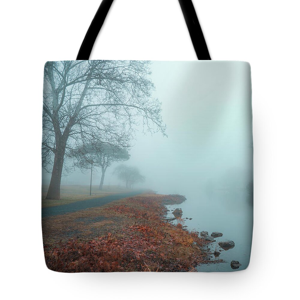 Fog Tote Bag featuring the photograph Facing East on Foggy Lake Muhlenberg by Jason Fink