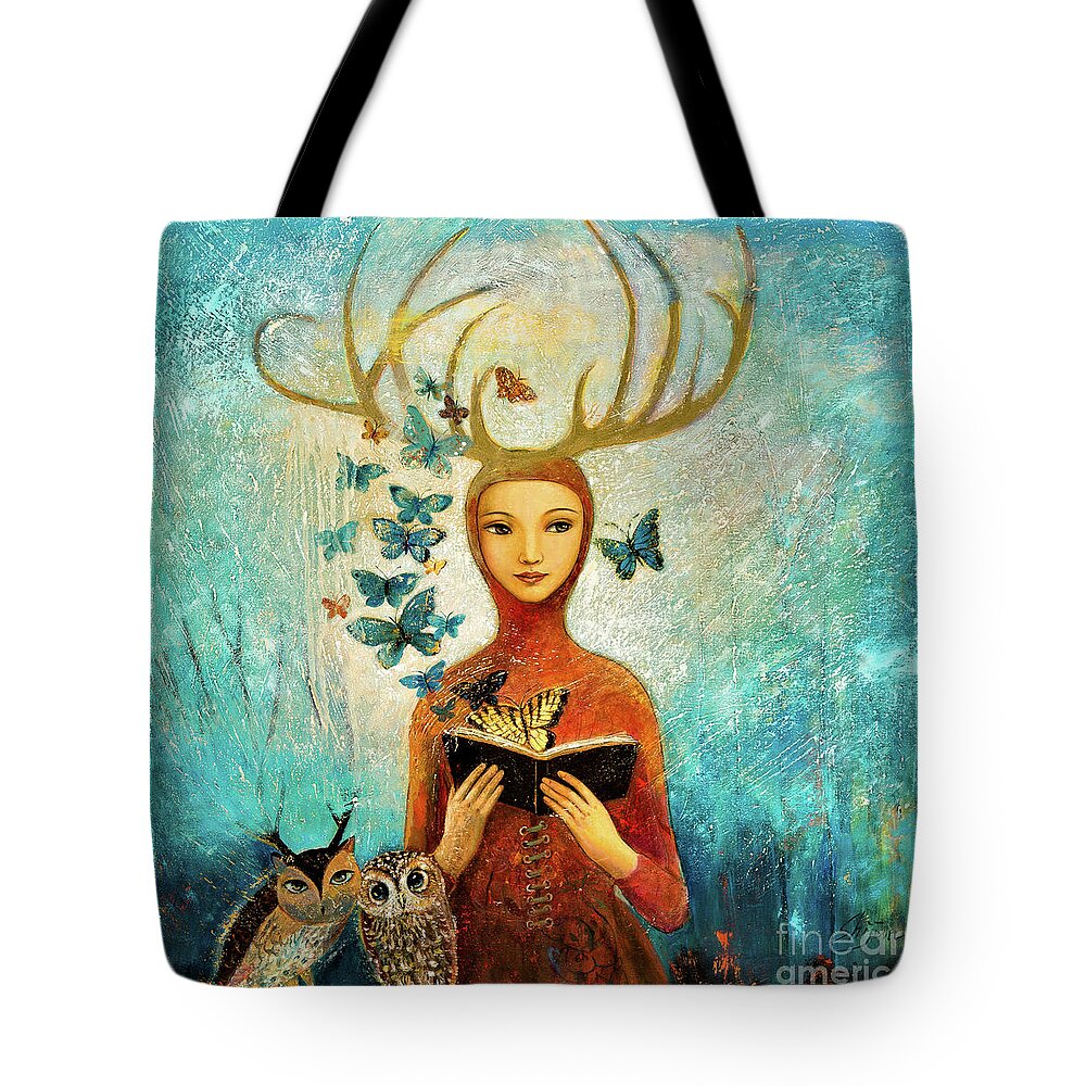  Tote Bag featuring the painting Faerae Forest Story by Shijun Munns