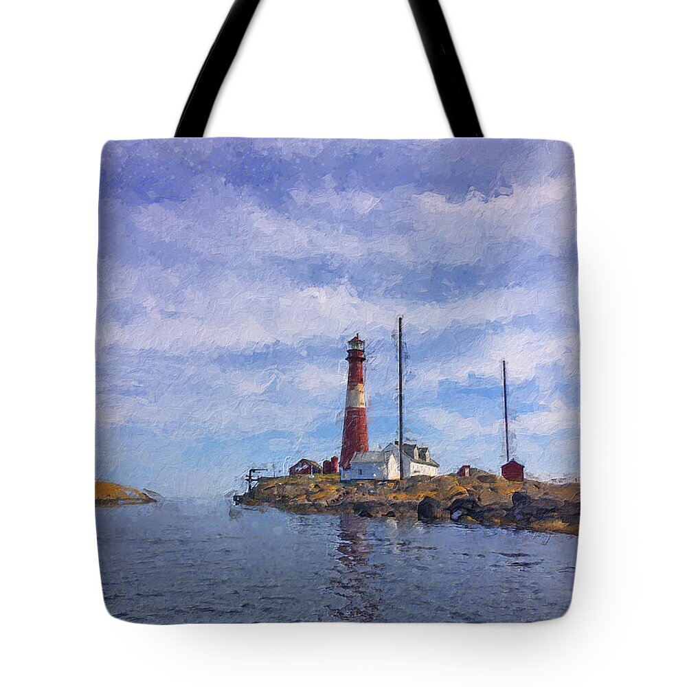 Lighthouse Tote Bag featuring the digital art Faerder lighthouse by Geir Rosset