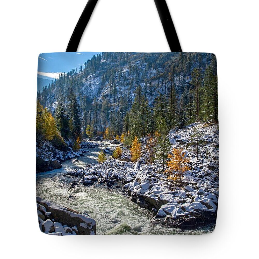 Fall And Snow Tote Bag featuring the photograph Fall and snow by Lynn Hopwood