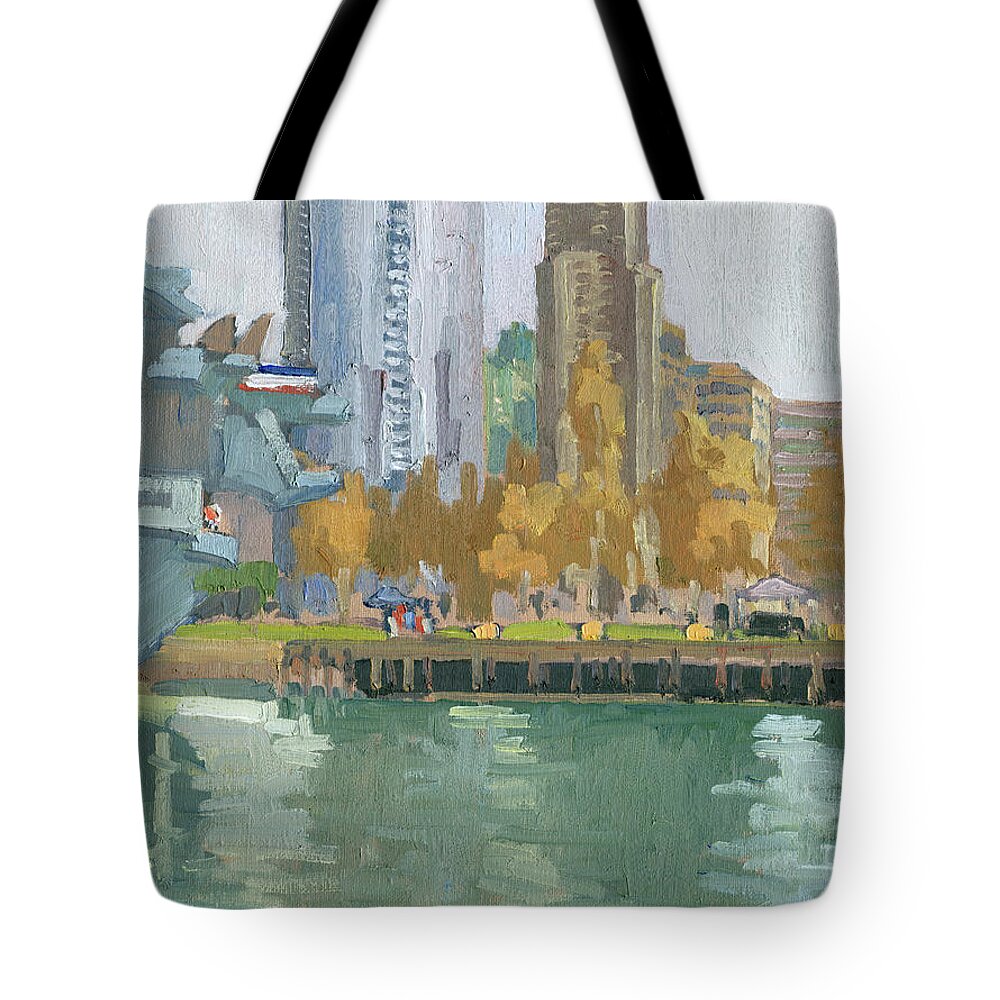Downtown San Diego Tote Bag featuring the painting Fall Day at the Embarcadero by the USS Midway Aircraft Carrier- Downtown San Diego, California by Paul Strahm
