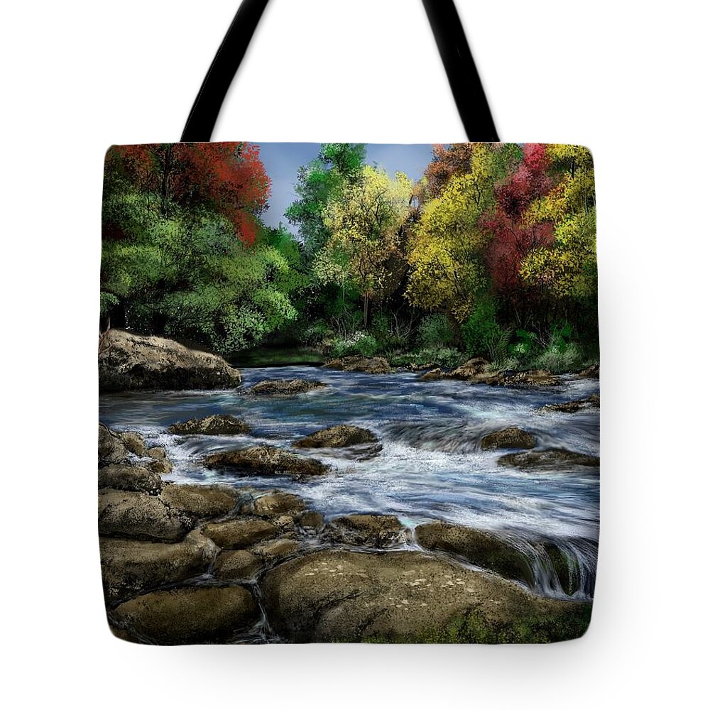 Stream Tote Bag featuring the digital art Fall River Landscape with Deer by Ron Grafe