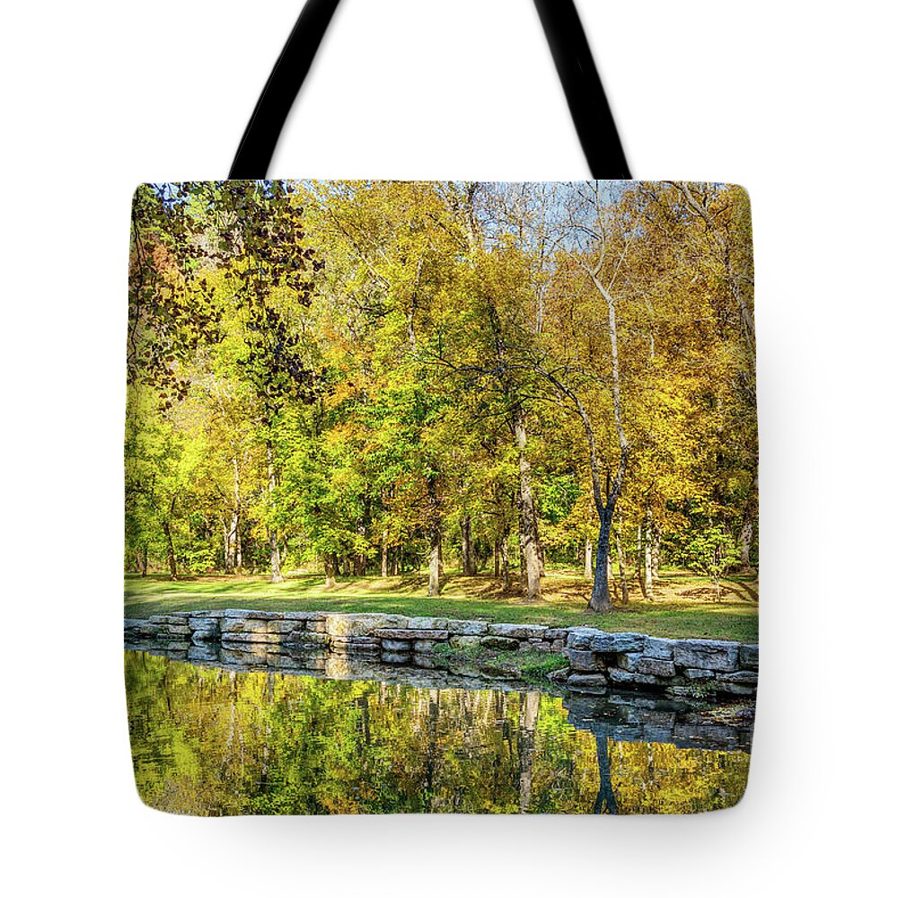 Ozarks Tote Bag featuring the photograph Fall Trees Creek Reflections by Jennifer White