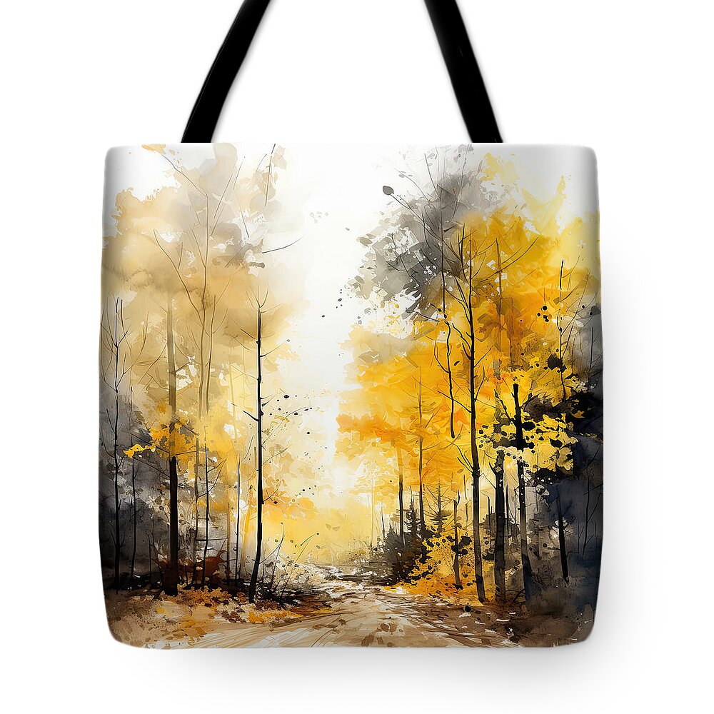 Yellow Tote Bag featuring the painting Fall Woods - Golden Fall Leaves by Lourry Legarde