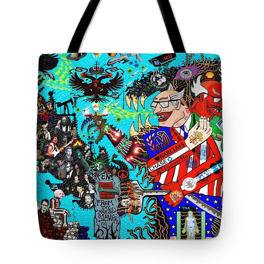 Visionary Art Tote Bag featuring the mixed media False Flag Amerikka by Myztico Campo