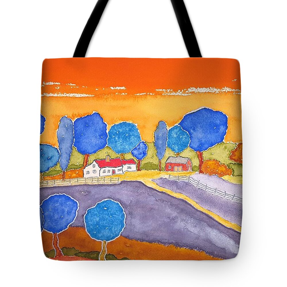 Watercolor Tote Bag featuring the painting Faraway Farm by John Klobucher