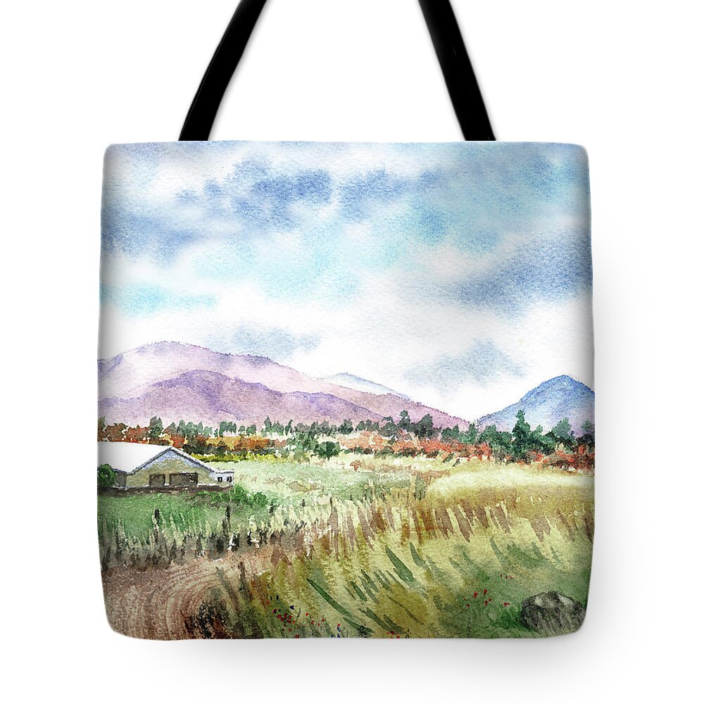 Barn Tote Bag featuring the painting Farm Barn Mountains Road In The Field Watercolor Impressionism by Irina Sztukowski