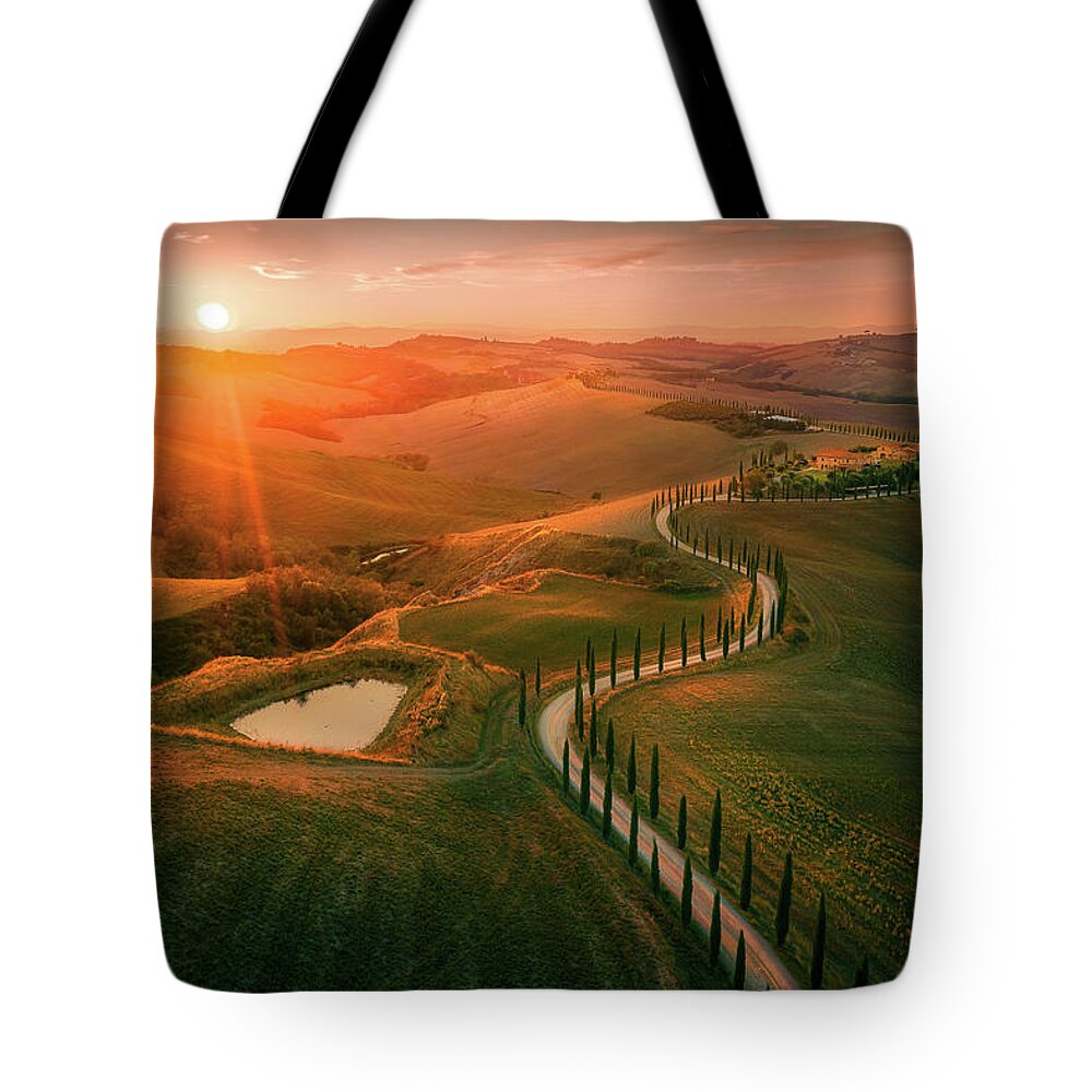Sunset Tote Bag featuring the photograph Farm land birdview by Henry w Liu