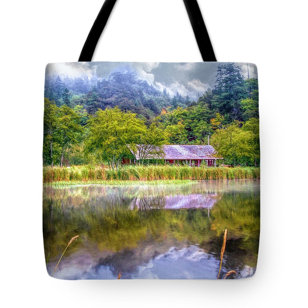 Barns Tote Bag featuring the photograph Farm on the Edge of the Lake by Debra and Dave Vanderlaan