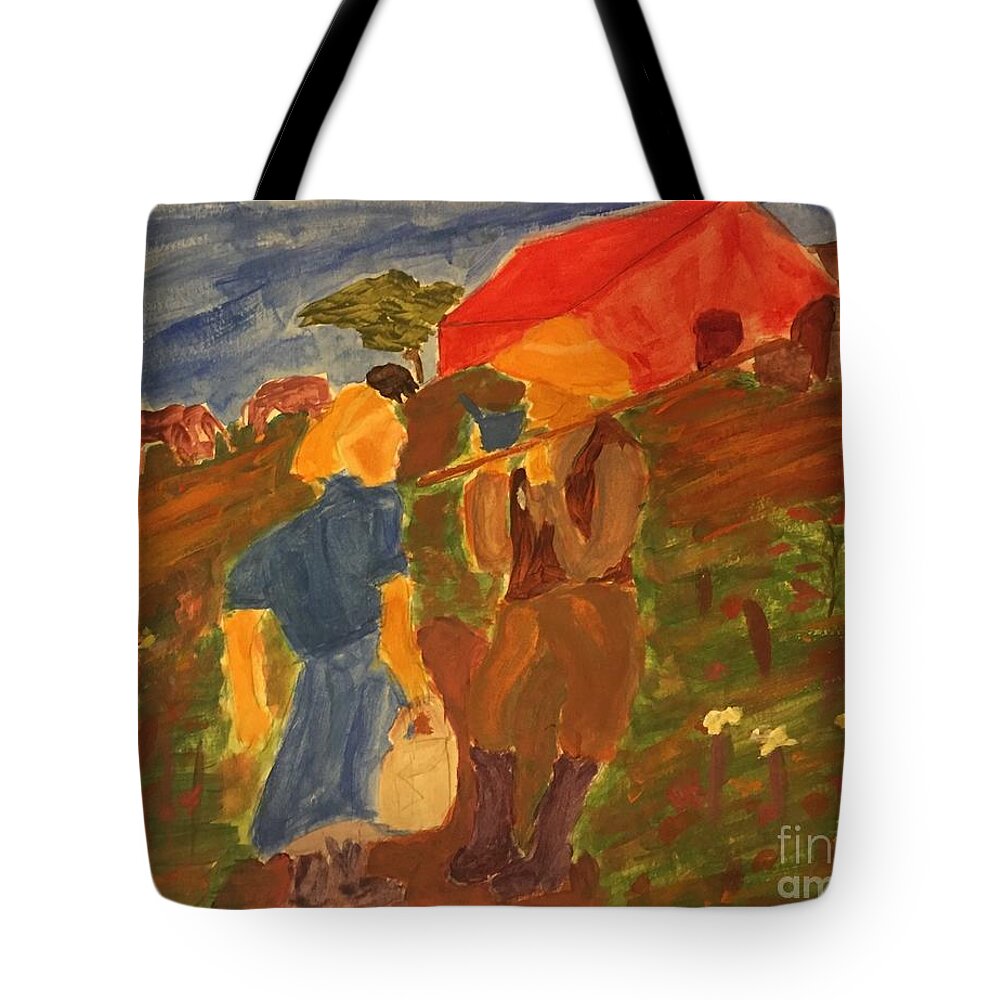 Farmer Tote Bag featuring the painting Farmers On The Field by Aisha Isabelle