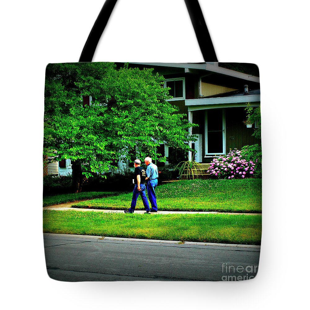 Humans Tote Bag featuring the photograph Father and Son Wisdom Walk - Square by Frank J Casella