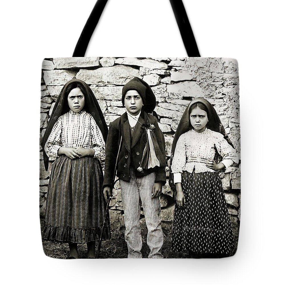 Fatima Tote Bag featuring the mixed media Fatima Children Lucia dos Santos Francisco and Jacinta Marto Virgin Mary Apparition by Fatima Photograph
