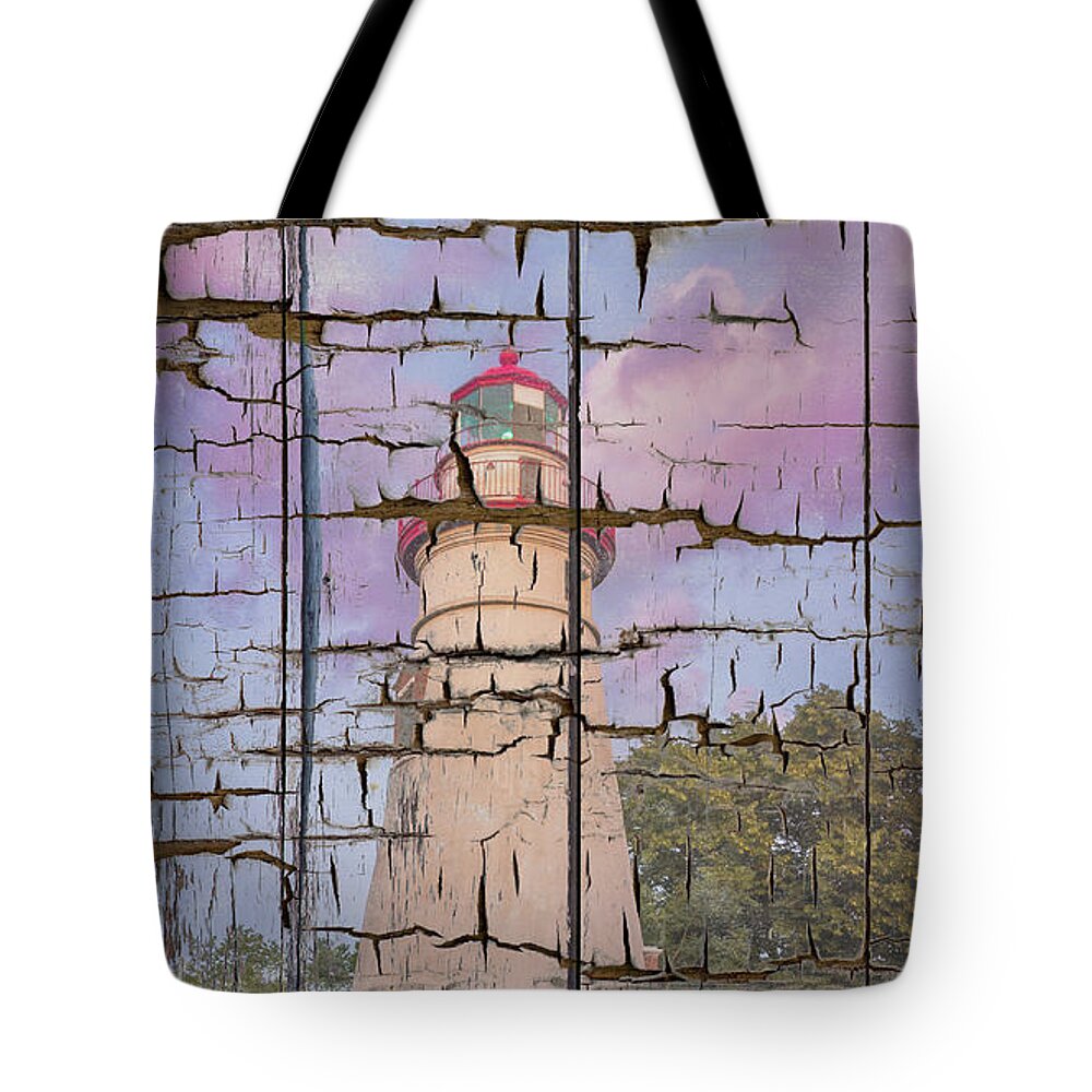 Lighthouse Tote Bag featuring the photograph Faux Wood Texture Marblehead Lighthouse at Sunset Coastal Landscape Photo by PIPA Fine Art - Simply Solid