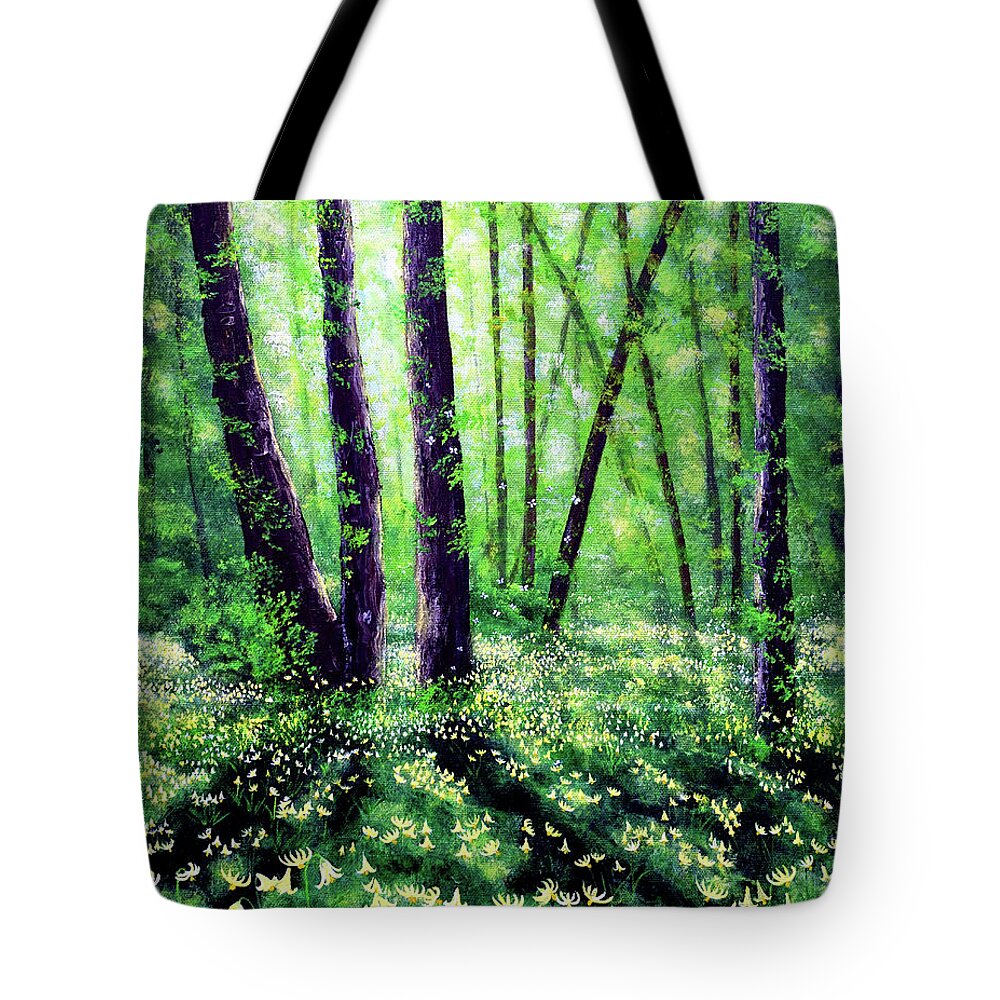 Fawn Lilies Tote Bag featuring the painting Fawn Lilies in Dappled Sunlight by Laura Iverson