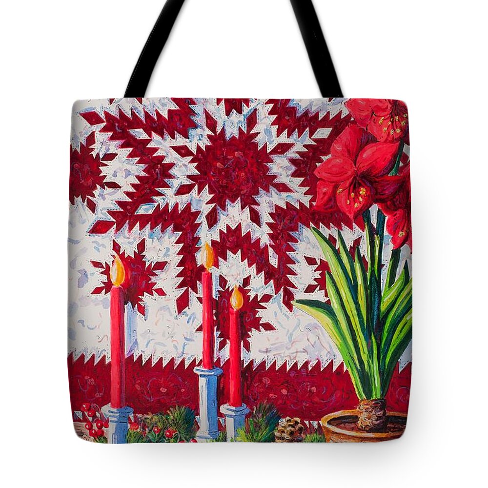 Feathered Star Quilt And Amaryllis Flower Tote Bag featuring the painting Feathered Star Quilt by Diane Phalen