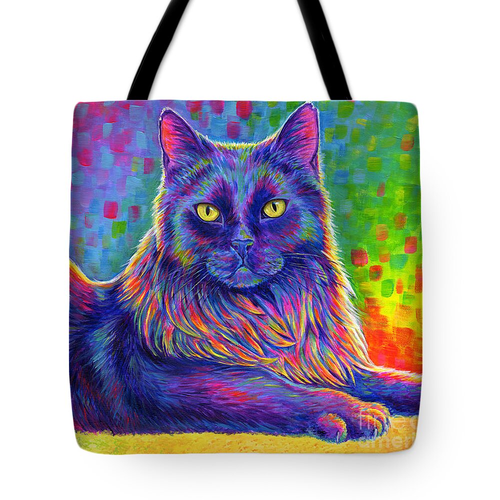 Cat Tote Bag featuring the painting Psychedelic Rainbow Black Cat - Felix by Rebecca Wang